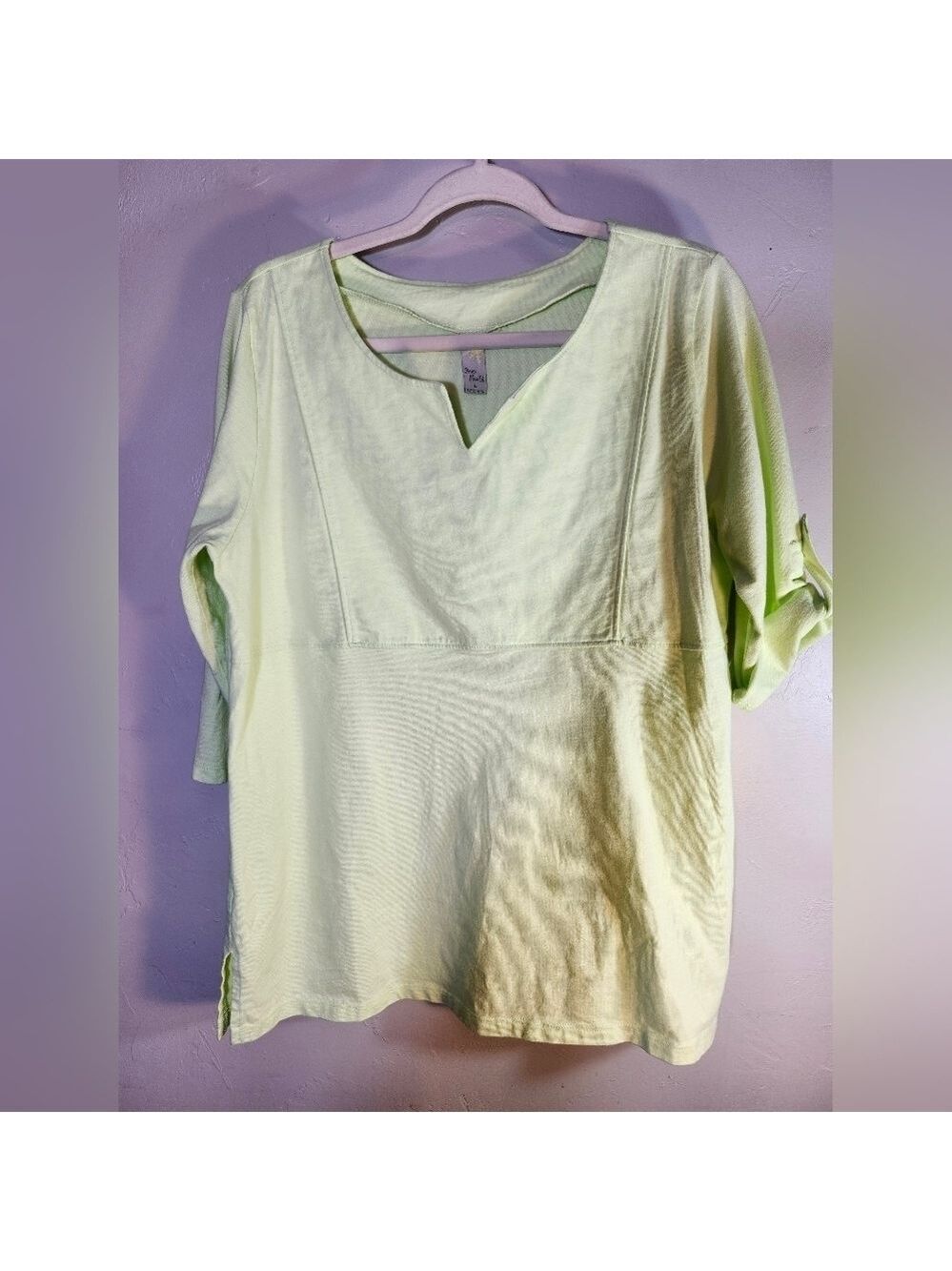 Sun Moda 100% Cotton Light Green V-Neck Top Sz L